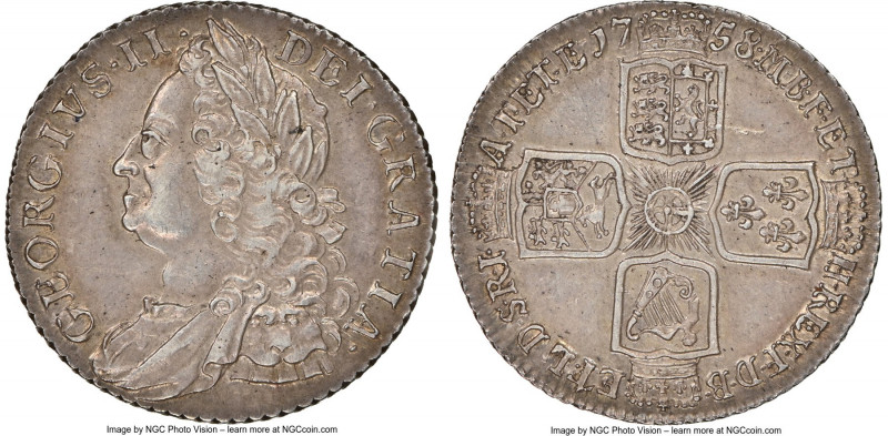 George II Shilling 1758 AU58 NGC, KM583.3, S-3704. Exceedingly lightly circulate...