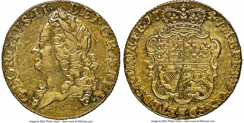 George II gold Guinea 1747 AU58 NGC, KM588, S-3680. On the cusp of Mint State an...