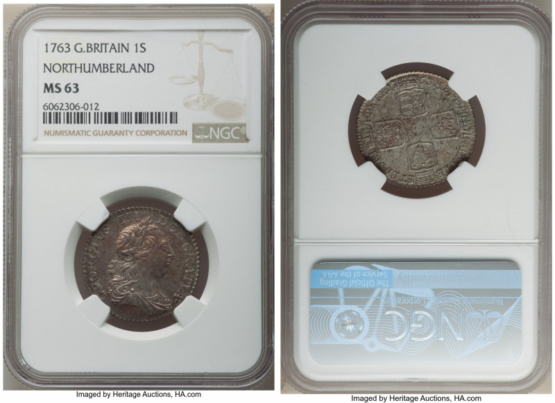 George III "Northumberland" Shilling 1763 MS63 NGC, KM597, S-3742. Produced in l...