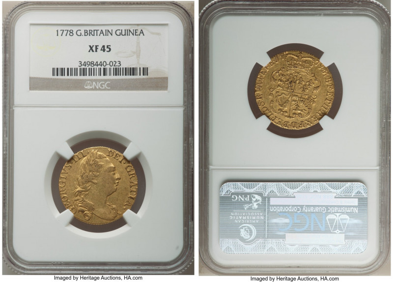 George III gold Guinea 1778 XF45 NGC, KM604, S-3728. Fully-defined motifs bearin...