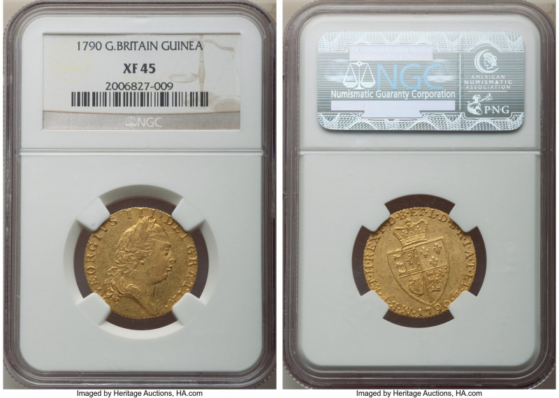 George III gold Guinea 1790 XF45 NGC, KM609, S-3729. Sharp devices and trace lus...