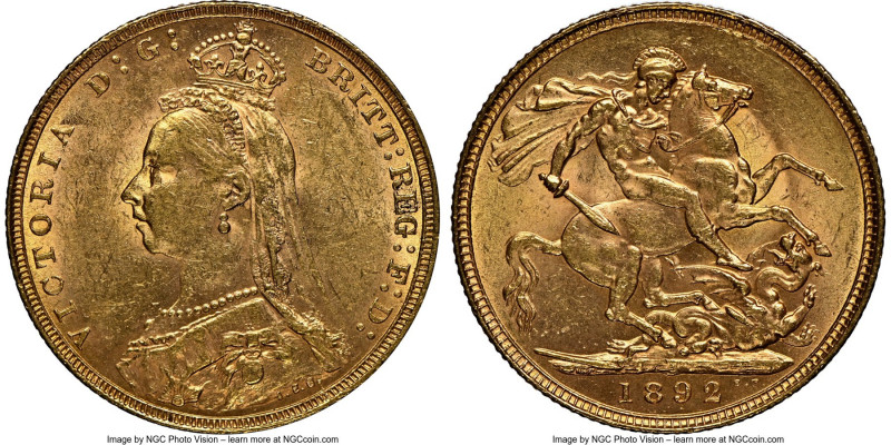 Victoria gold Sovereign 1892 MS62 NGC, KM767, S-3866C. A fully resplendent examp...