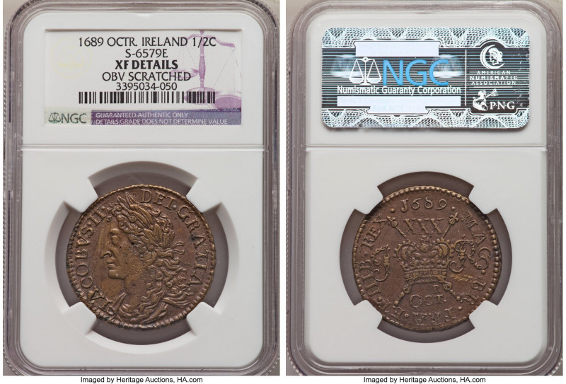 James II Gunmoney 1/2 Crown 1689 XF Details (Obverse Scratched) NGC, KM95, S-657...