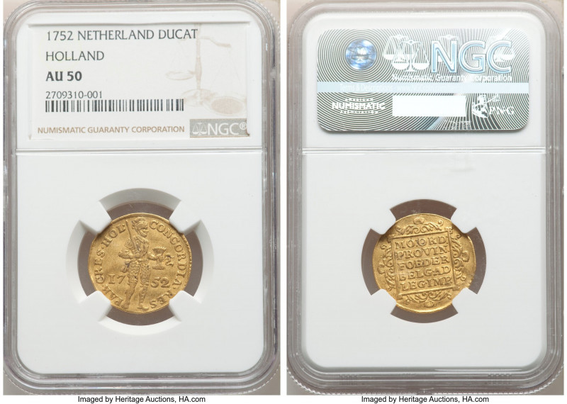 Holland. Provincial gold Ducat 1752 AU50 NGC, KM12.3. A moderately circulated re...