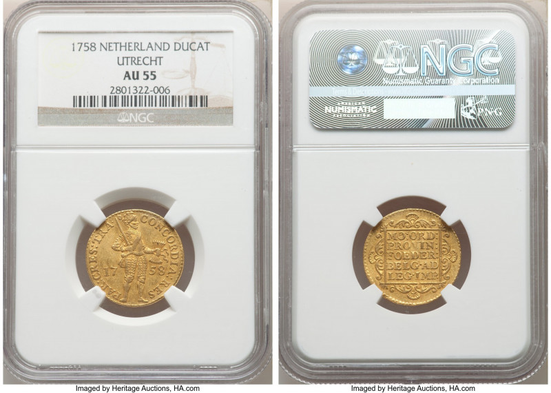 Utrecht. Provincial gold Ducat 1758 AU55 NGC, KM7.4. Sharp and well struck, weav...
