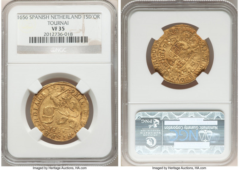 Tournai. Philip IV of Spain gold Souverain d'Or 1656 VF35 NGC, Tournai mint, KM5...