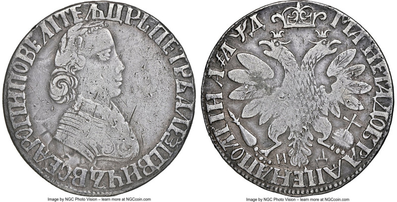 Peter I Poltina (1/2 Rouble) 1704-MД Fine Details (Obverse Damage) NGC, Kadashev...