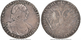 Peter I Poltina (1/2 Rouble) (1718)-OK F12 NGC, Kadashevsky mint, KM156. Some obverse porosity, with steel-gray color and a cut through the orb. Very ...