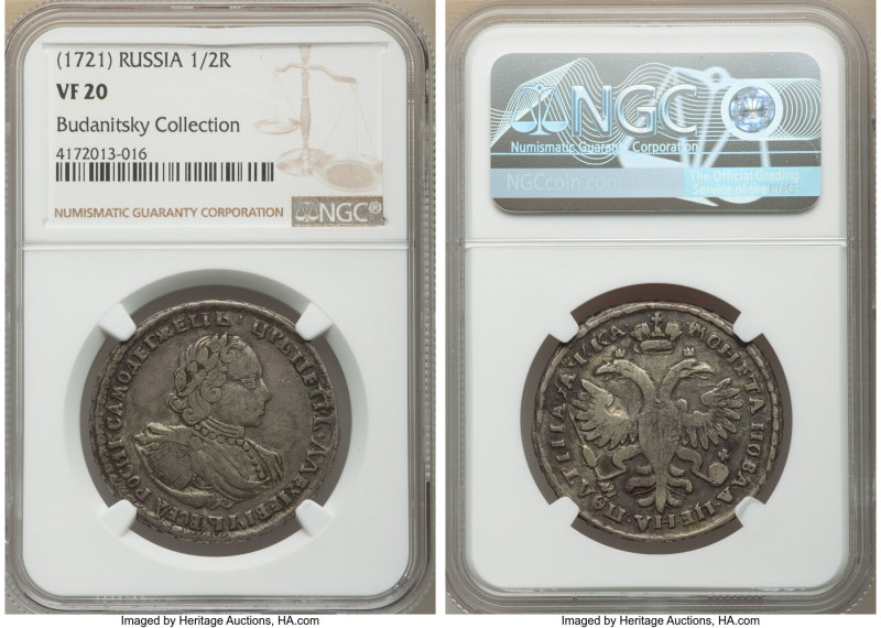 Peter I Poltina (1/2 Rouble) 1721 VF20 NGC, Kadashevsky mint. KM156, Bit-684 (R)...