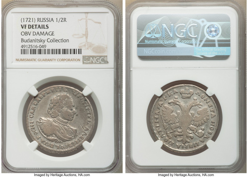 Peter I Poltina (1/2 Rouble) 1721 VF Details (Obverse Damage) NGC, Kadashevsky m...