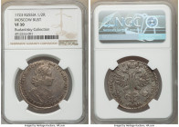 Peter I Poltina (1/2 Rouble) 1723 VF30 NGC, Moscow mint, KM159, Bit-1053 (R). Moscow bust. Portrait in ancient armor with sleeve decorated. Brownish-g...