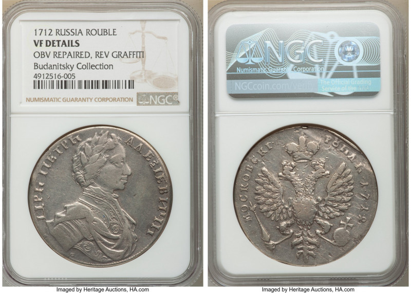 Peter I Rouble 1712-G VF Details (Obverse Repaired, Reverse Graffiti) NGC, Mosco...