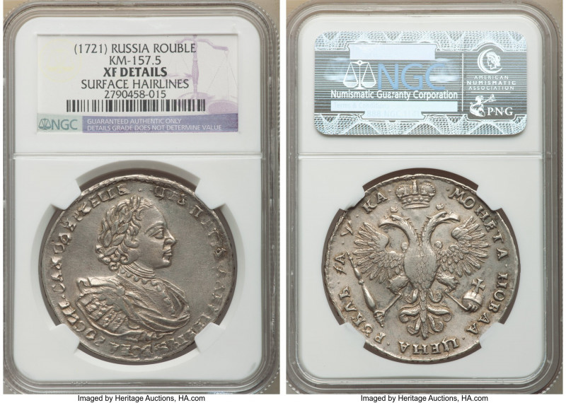 Peter I Rouble 1721 XF Details (Surface Hairlines) NGC, Kadashevsky mint, KM157....