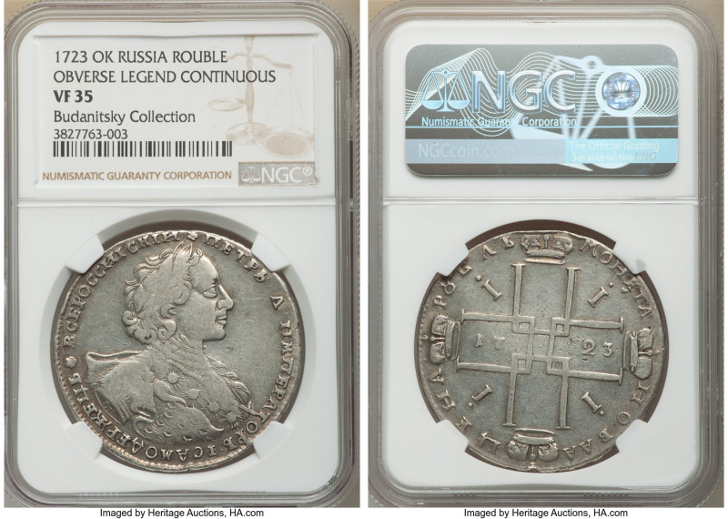 Peter I Rouble 1723-OK VF35 NGC, Red mint, KM162.3, Bit-889 (R1). Obverse legend...