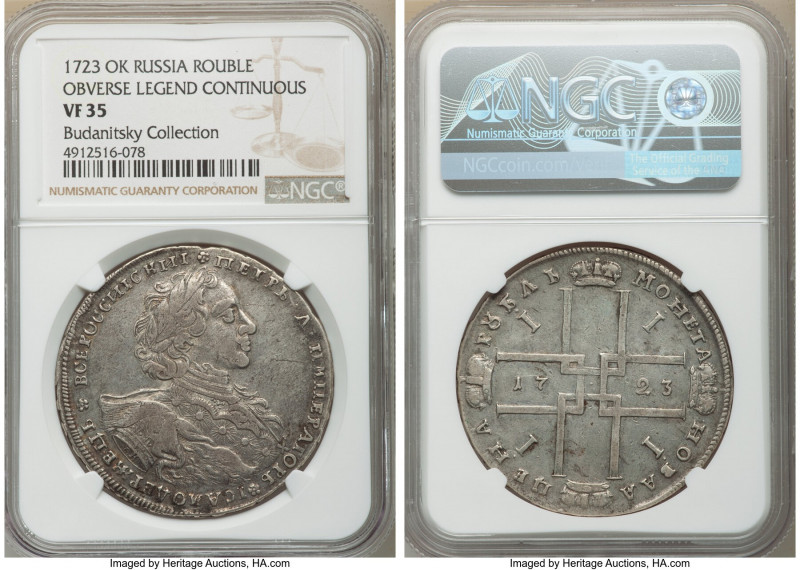 Peter I Rouble 1723-OK VF35 NGC, Red mint, KM162.3, Bit--. Obverse legend contin...