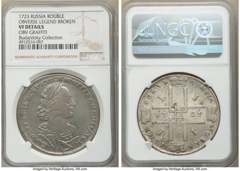Peter I Rouble 1723 VF Details (Obverse Graffiti) NGC, Moscow mint, KM162.2, Bit...