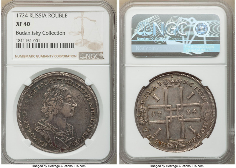 Peter I Rouble 1724 XF40 NGC, Moscow mint, KM162.4, Bit-953. Portrait in ancient...
