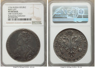 Catherine I Rouble 1726 VF Details (Obverse Scratched) NGC, Moscow mint, KM168, Bit-34. Nine feather's in eagle's wing. Even slate-gray toning, with f...