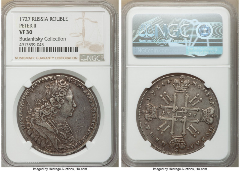 Peter II Rouble 1727 VF30 NGC, Moscow mint, KM182.1, Bit-19. Star above head on ...