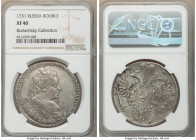 Anna Rouble 1731 XF40 NGC, Moscow mint, KM192.1, Bit-40. Broach on Bosom, decorated cross of orb. Even, light-gray patina on the obverse, with light s...