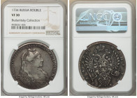 Anna Rouble 1734 VF30 NGC, Kadashevsky mint, KM192.2, Bit-114. Seven pearls in hair, three pearls on bosom. Original gray patina, with light contact m...