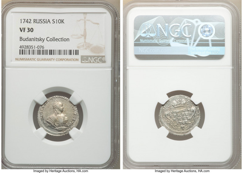 Elizabeth Grivennik (10 Kopecks) 1742 VF30 NGC, Moscow mint, KM-C16, Bit-180. A ...