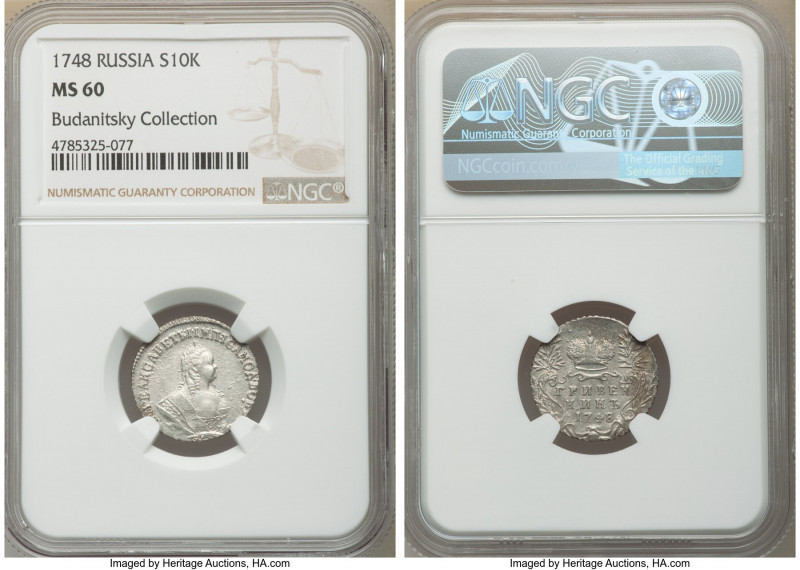 Elizabeth Grivennik (10 Kopecks) 1748 MS60 NGC, Moscow mint, KM-C16a, Bit-208. A...