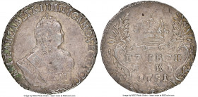 Elizabeth Grivennik (10 Kopecks) 1751 AU55 NGC, Moscow mint, KM-C16a, Bit-213. Pleasing appearance, with graphite-gray patina and the reverse struck a...