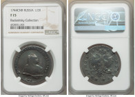 Elizabeth Poltina (1/2 Rouble) 1744-CПБ F15 NGC, St. Petersburg mint, KM-C18.3, Bit-300 (R1). Slate-gray patina, with lightly porous surfaces and mino...