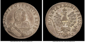 East Prussia. Elizabeth 6 Groschen 1761 AU55 NGC, Koenigsberg mint, KM-C45. A popular and enigmatic issue of East Prussia, most appropriately listed u...