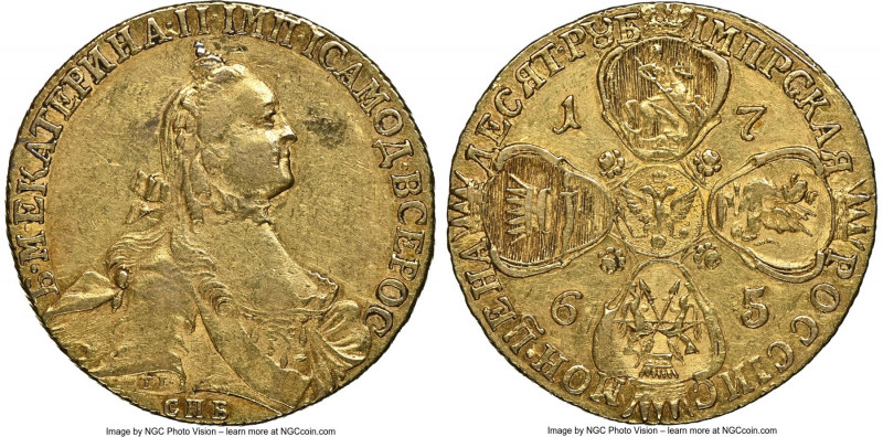 Catherine II gold 10 Roubles 1765-CПБ AU Details (Obverse Damage) NGC, St. Peter...