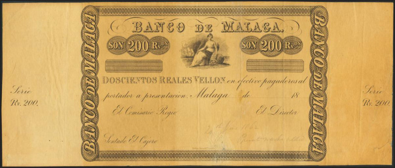 200 Reales de Vellón. 24 de Septiembre de 1856. Banco de Málaga. Prueba de Impre...
