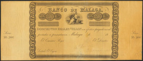 200 Reales de Vellón. 24 de Septiembre de 1856. Banco de Málaga. Prueba de Impresión de la I Emisión, fechado a mano y con anotación "20th June 1862, ...