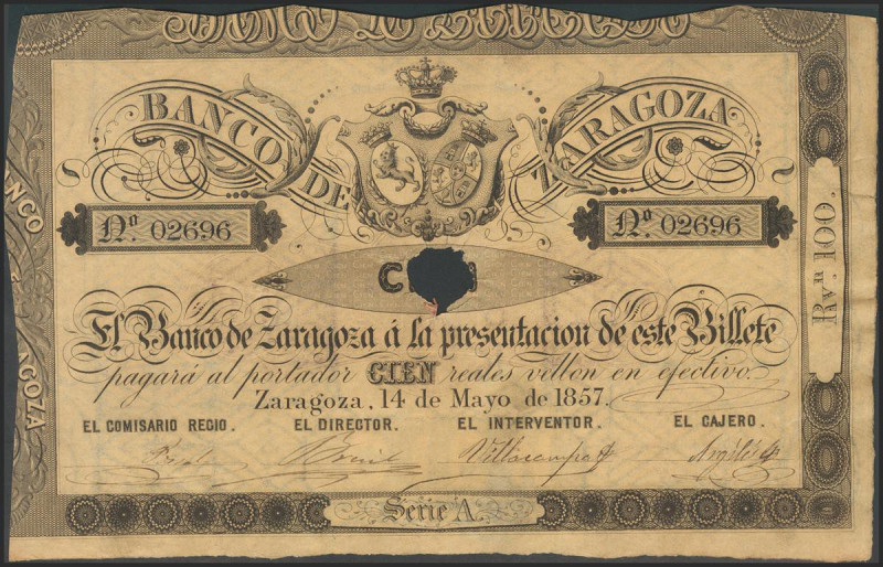 100 Reales. 14 de Mayo de 1857. Banco de Zaragoza. Serie A. Con taladro y sin fi...