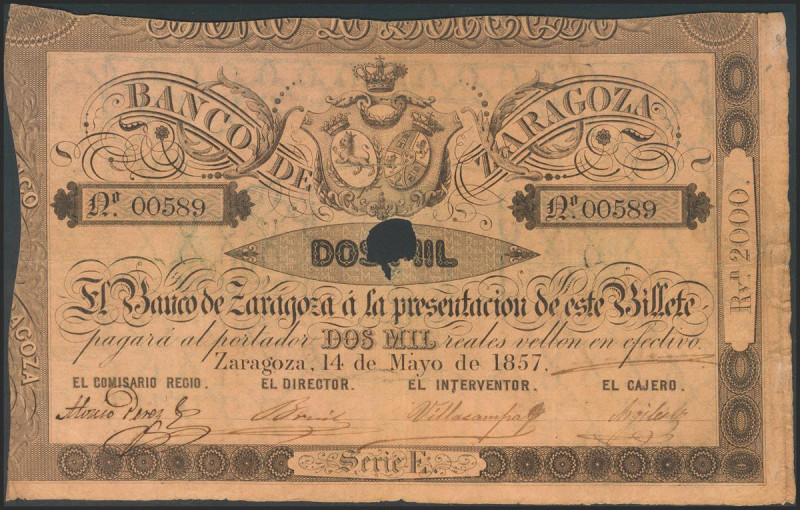 2000 Reales. 14 de Mayo de 1857. Banco de Zaragoza. Serie E. Con taladro y sin f...