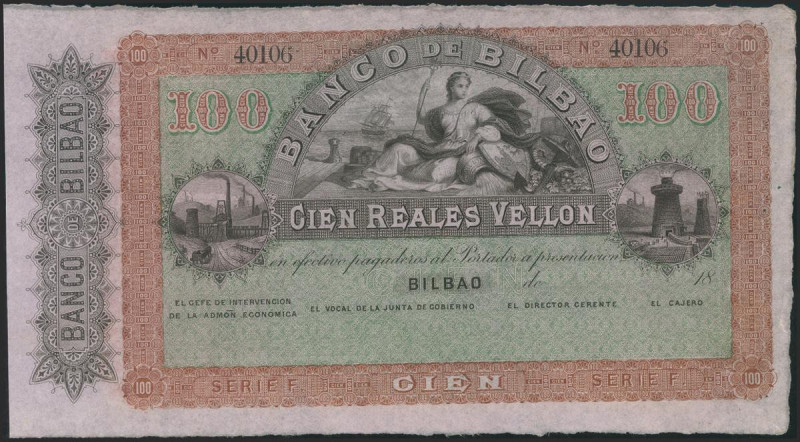 100 Reales. 21 de Agosto de 1857. Banco de Bilbao. Serie F. Sin firmas y con num...