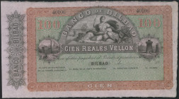 100 Reales. 21 de Agosto de 1857. Banco de Bilbao. Serie F. Sin firmas y con numeración. (Edifil 2021: 143). SC-.