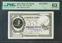 Prueba (anverso y reverso) del billete de 50 Pesetas emitido el 30 de Noviembre de 1902. Perforación ANULADO, marca ESPECIMEN y sin la firma del cajer...