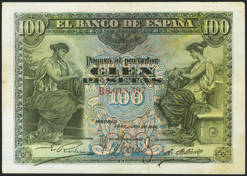 100 Pesetas. 30 de Junio de 1906. Serie B. (Edifil 2021: 313a). MBC.
