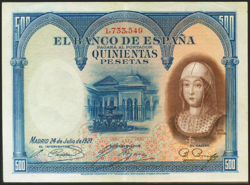 500 Pesetas. 24 de Julio de 1927. Sin serie y numeración posterior 1602000. (Edi...
