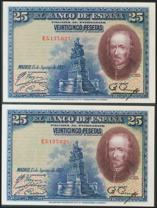 25 Pesetas. 15 de Agosto de 1928. Pareja correlativa. Serie E. (Edifil 2021: 353...