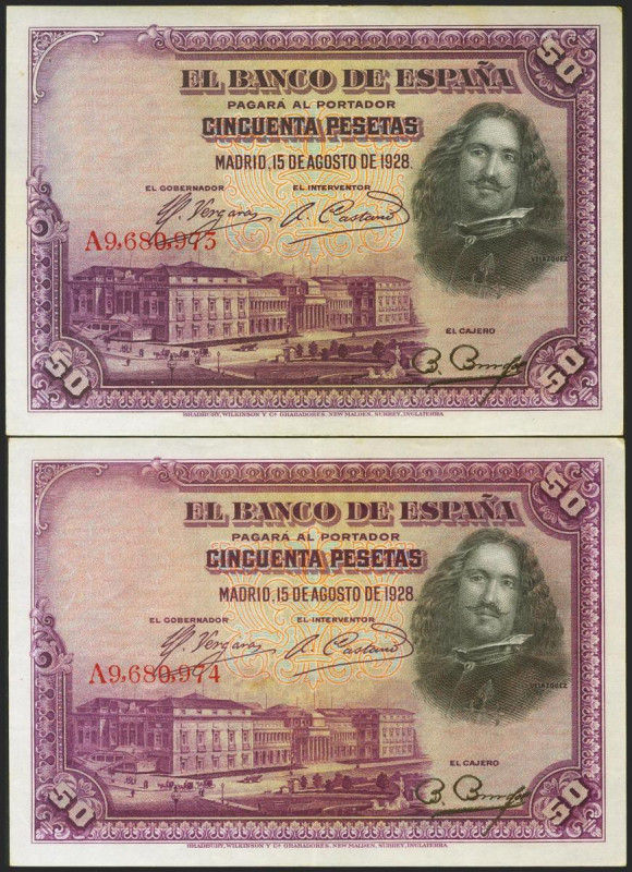 50 Pesetas. 15 de Agosto de 1928. Pareja correlativa. Serie A y numeración poste...