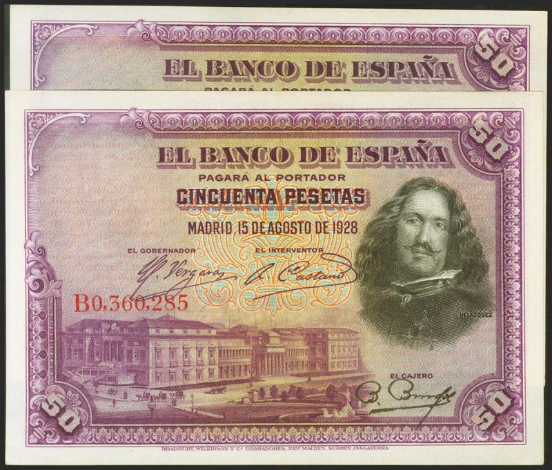 Conjunto de 2 billetes de 50 Pesetas emitidos el 15 de Agosto de 1928, con la se...