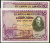 Conjunto de 2 billetes de 50 Pesetas emitidos el 15 de Agosto de 1928, con la serie B (Edifil 2021: 354), conservan parte de su apresto original. SC/S...