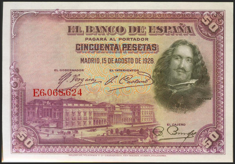 50 Pesetas. 15 de Agosto de 1928. Serie E. (Edifil 2021: 354). Conserva todo su ...