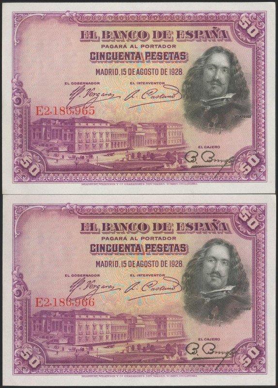 50 Pesetas. 15 de Agosto de 1928. Pareja correlativa. Serie E. (Edifil 2017: 354...