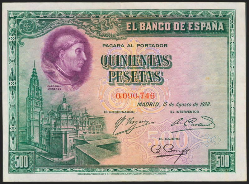 500 Pesetas. 15 de Agosto de 1928. Sin serie y numeración muy baja. (Edifil 2021...