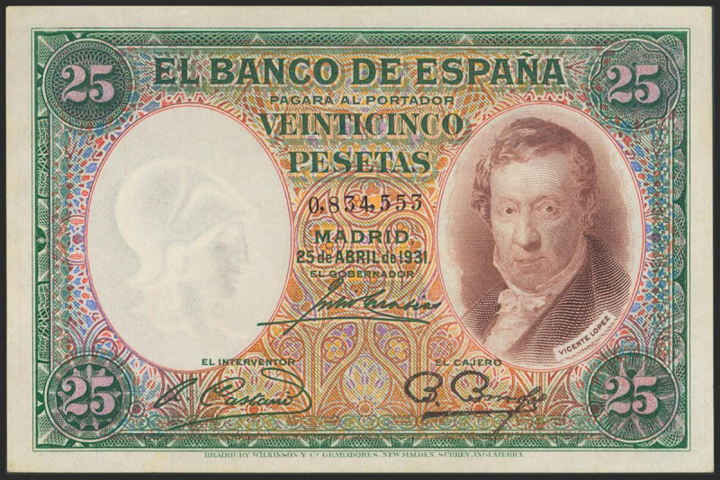 25 Pesetas. 25 de Abril de 1931. Sin serie. (Edifil 2021: 358). Conserva gran pa...