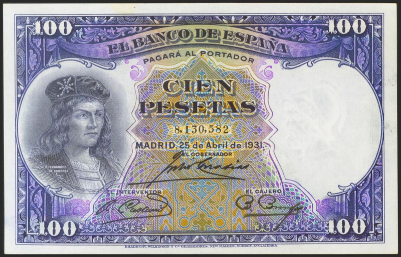 100 Pesetas. 25 de Abril de 1931. Sin serie. (Edifil 2021: 360). Manchita de óxi...