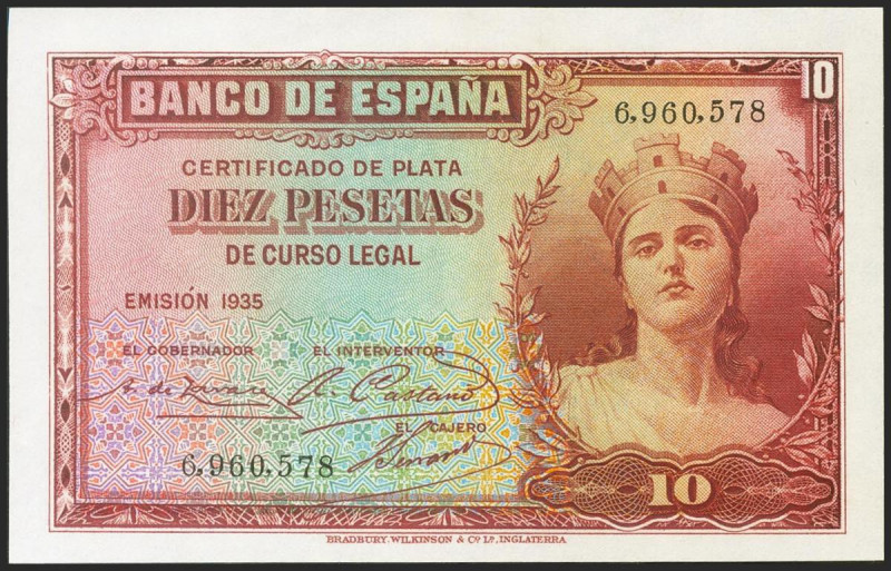 10 Pesetas. 1935. Sin serie. Certificado de Plata. (Edifil 2021: 364). Apresto o...